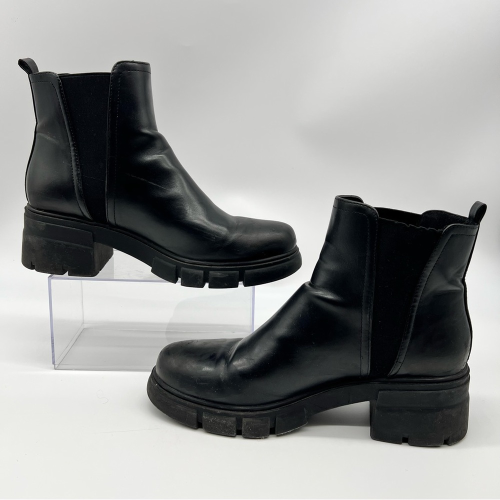 Black Vegan Leather Chelsea Ankle Lug Platform Sole Boots- Size 10